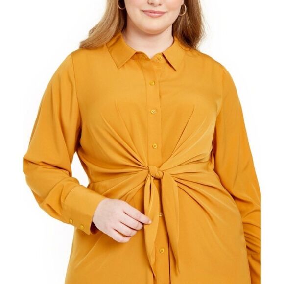 Alfani Plus Button Front Wrap Tie Long Sleeve Midi Shirt Dress- Mustard - Picture 11 of 13
